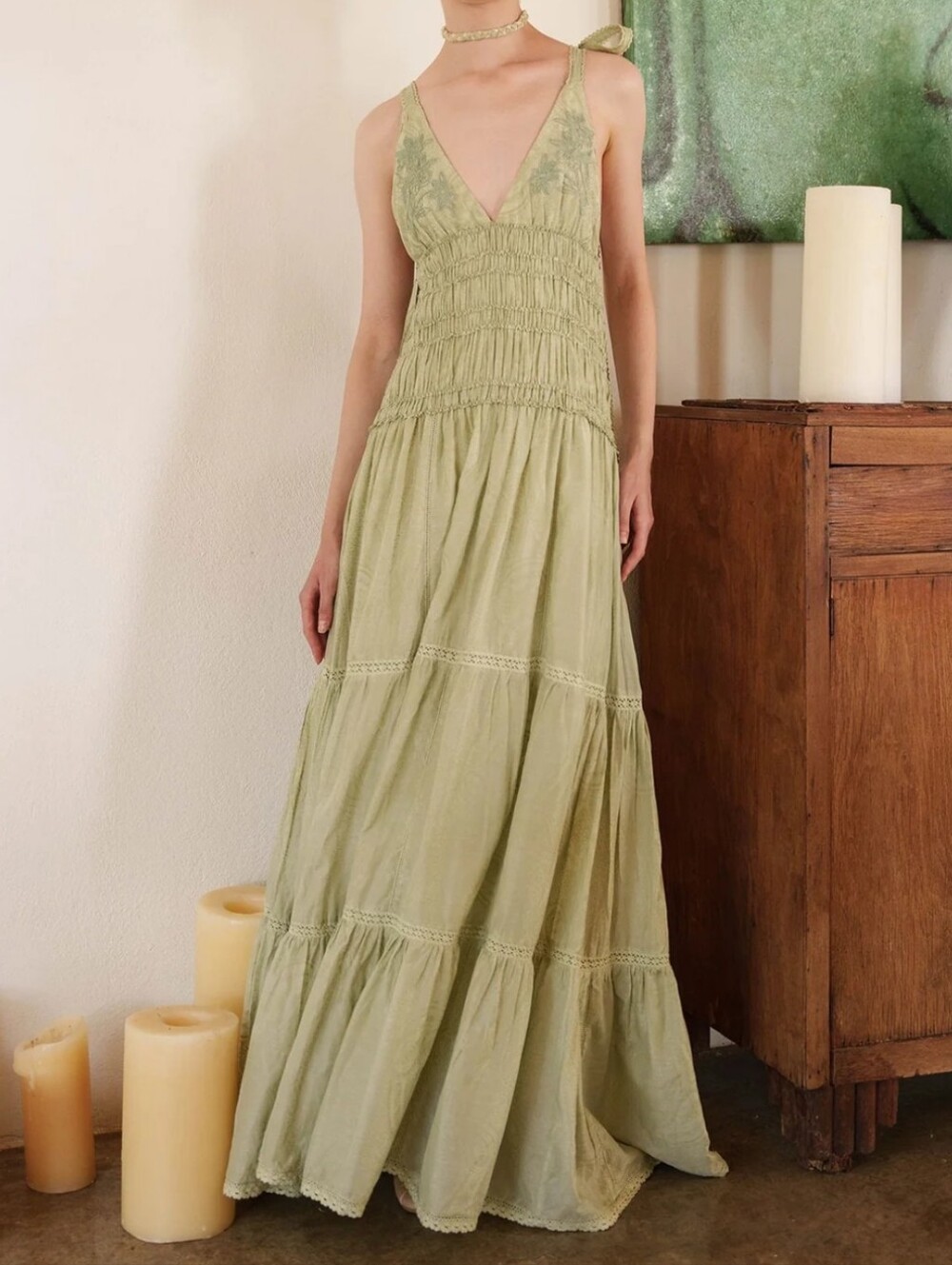Anthropologie X Pinnacle Shruti Sancheti Aloe Green Tiered Maxi w Smocked Bodice